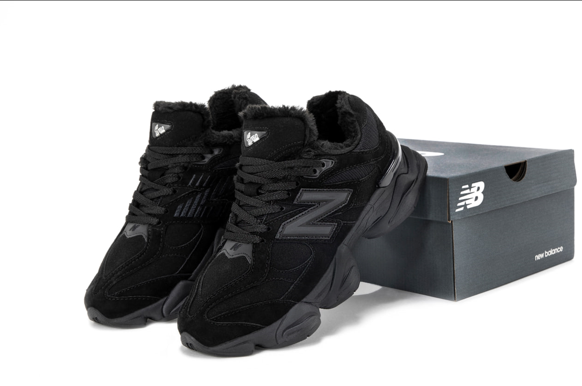 New Balance 9060 winter Black чорні зимові чоловічі кросівки Нью баланс з хутром замшеві зима, фото 1