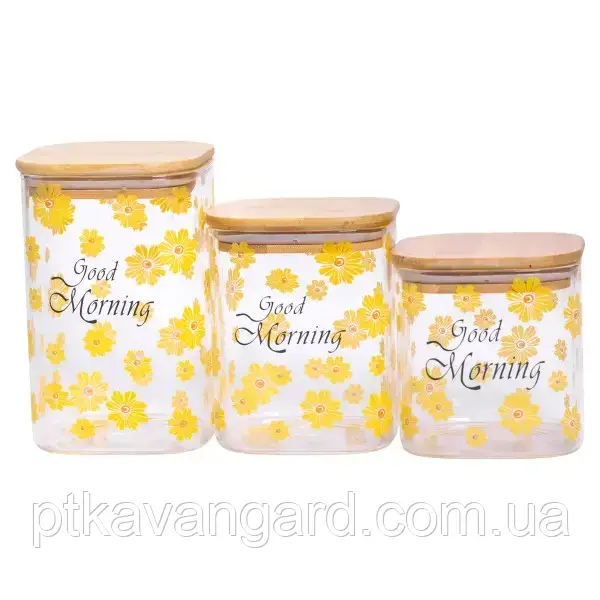 Набір банок для зберігання Good Morning 3 штуки 1.2/0.9/0.7 л з бамбуковими кришками HP-33-3, фото 1