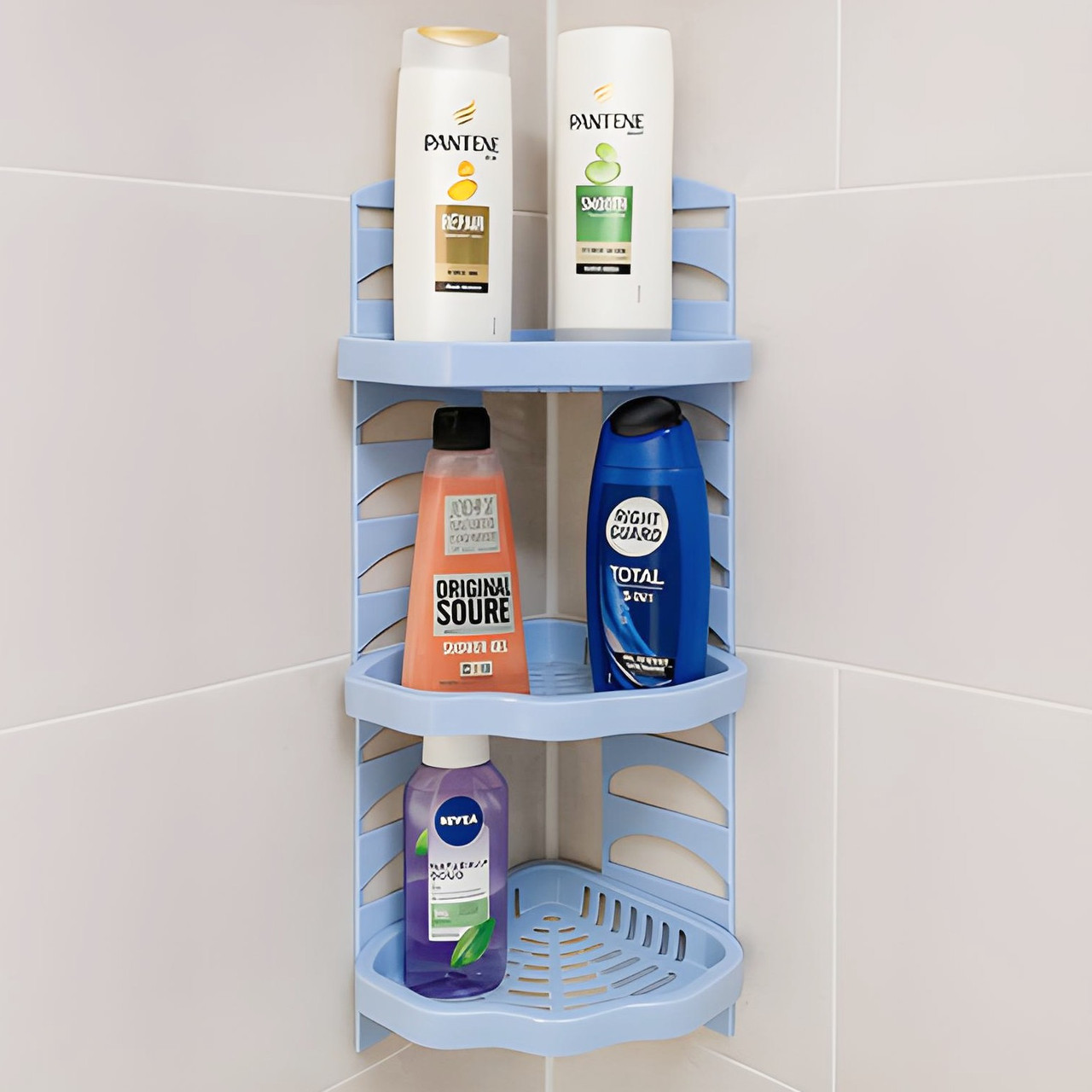 Кутова Блакитна регульована пластикова триярусна полиця у ванну Харків