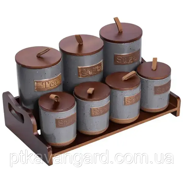 Набір банок для сипучих продуктів 7 штук по 300/800 мл фарфоровий, сірий HP-26-2G, фото 1