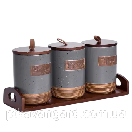 Набір банок для сипучих продуктів 3 штуки по 800 мл фарфоровий на підставці, сірий HP-26-2G, фото 1