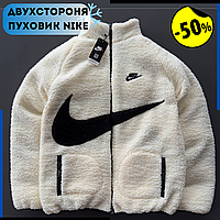 Чоловіча зимова куртка Пуховик Двосторонній Nike короткий чорний білий Найк на зиму водонепроникний з флісом овчина плащівка пух