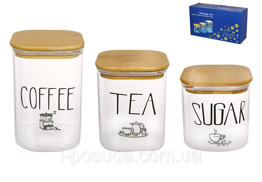 Набір (3шт) скляних банок з бамб кришкою Tea Sugar Coffee 700/900/1200 мл, фото 1