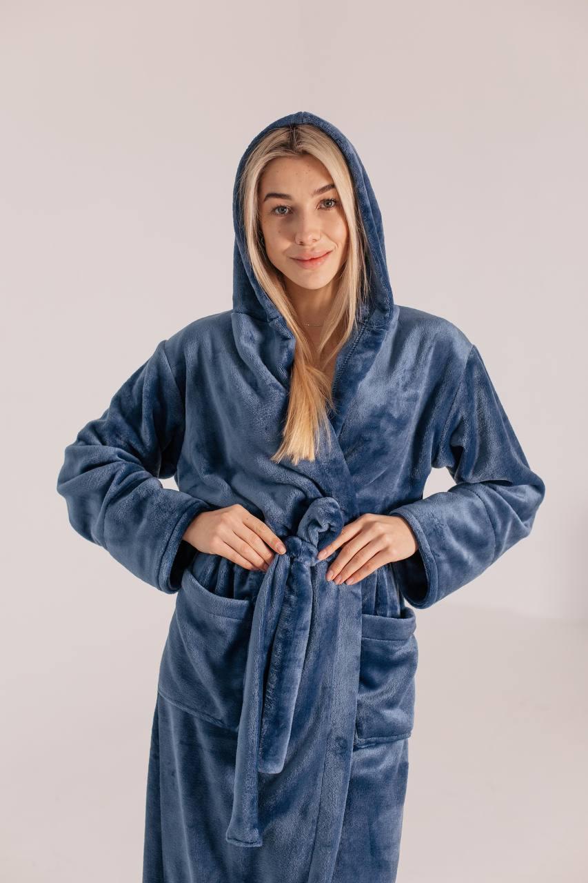Халат махровий жіночий довгий DC СИНІЙ ДЖИНС 145, фото 1
