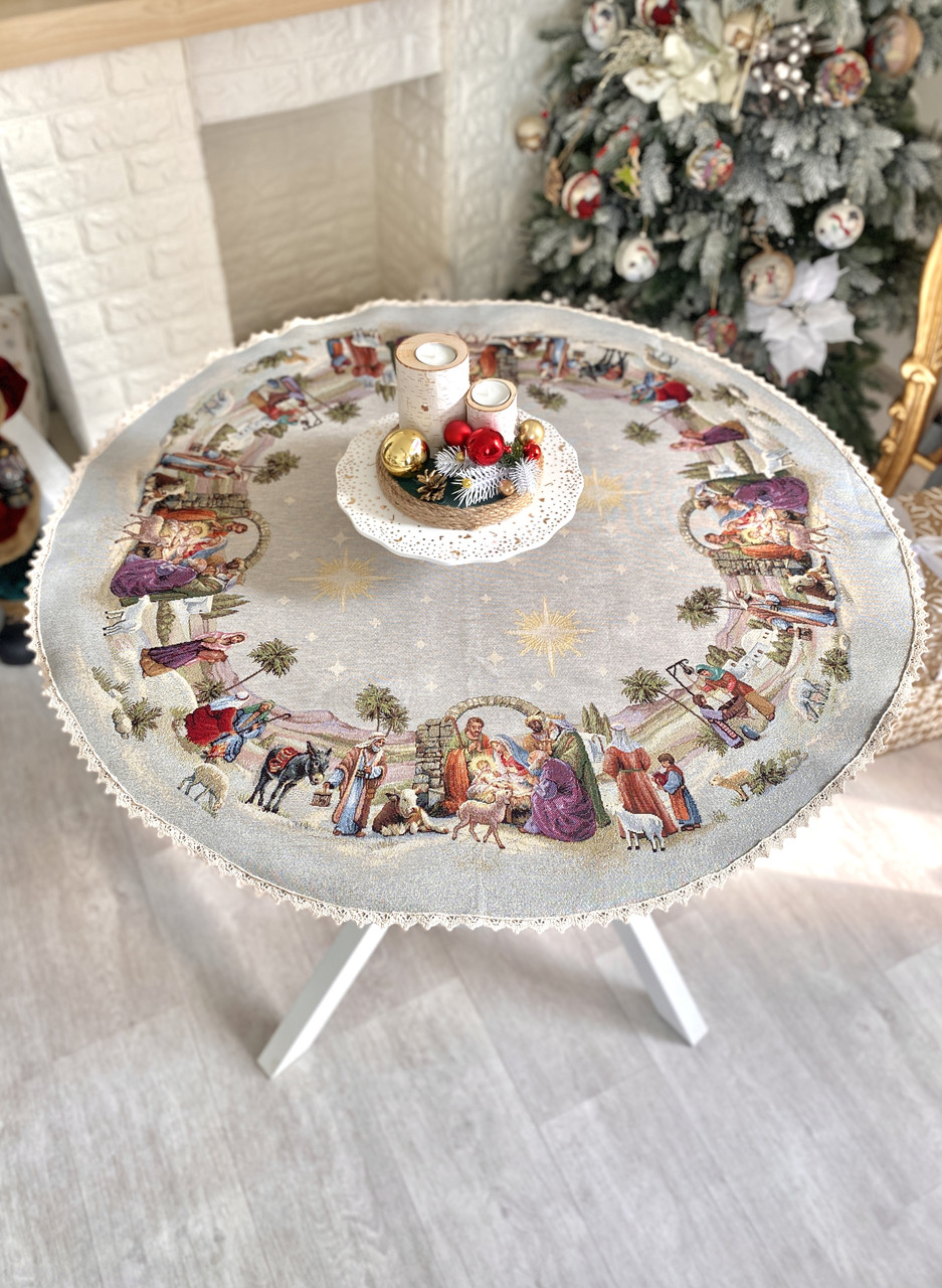 Скатертина кругла Новорічна "Вифлеємське диво" 90 см. гобелен з золотим люрексом, фото 1