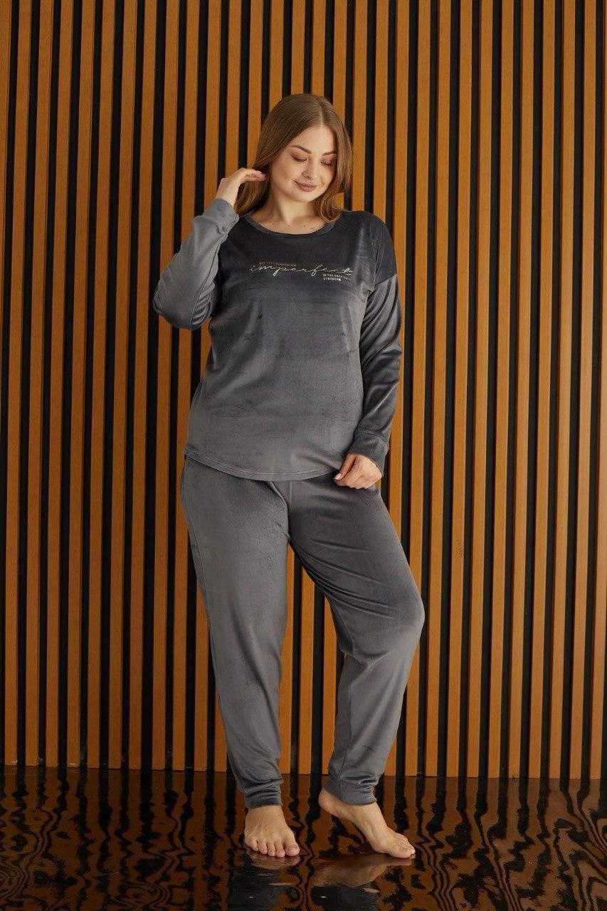 Комплект домашній ВЕЛЮРОВИЙ БАТАЛ штани кофта 3XL-5XL СІРИЙ ТУРЦІЯ 4220-10, фото 1