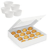 Коробка для 16 цукерок горішків тарталеток 185×185×35 мм, біла, з прозорим віконцем та паперовими формами