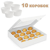 Комплект з 10 коробок для 16 цукерок горішків тарталеток 185×185×35 мм, білий, з прозорим віконцем та паперовими формами