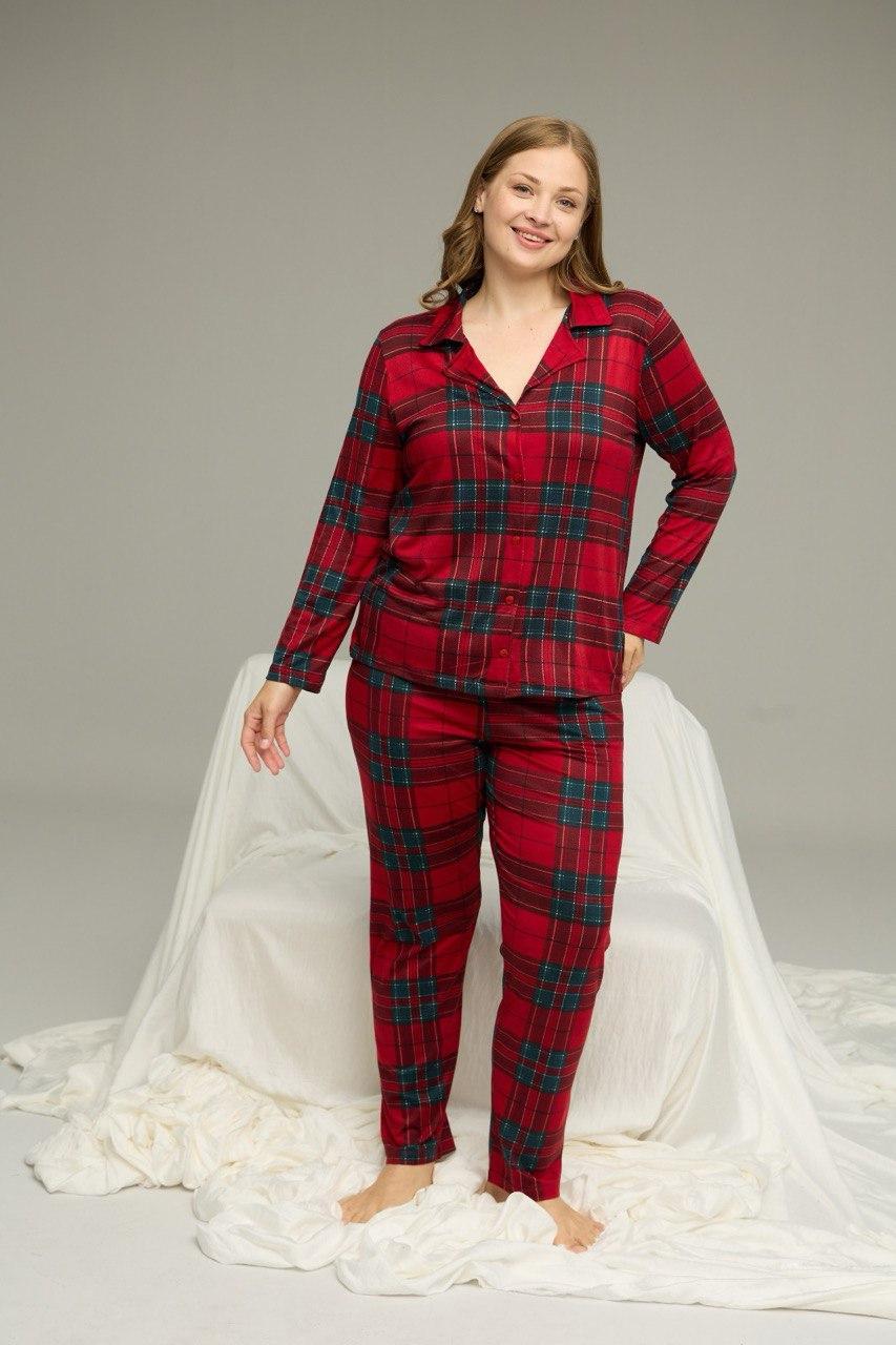 Піжама жіноча трикотажна , червона клітинка (big size), фото 1
