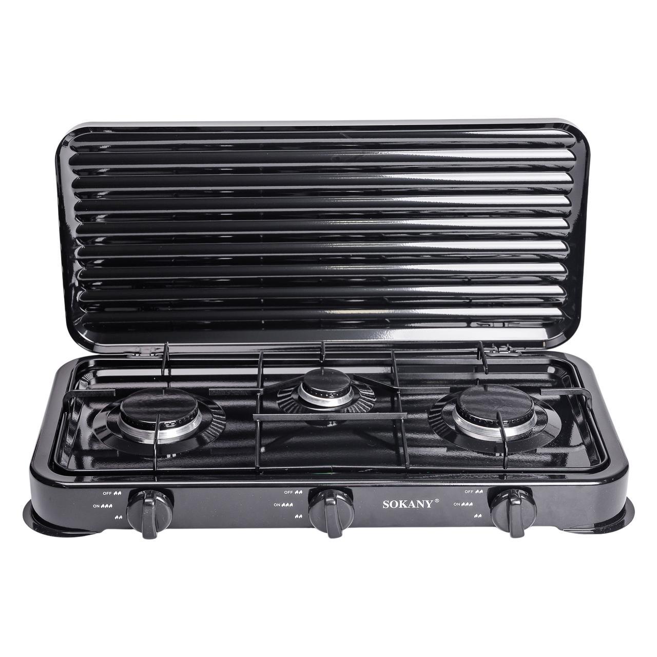 Настільна газова плита на 3 конфорки Sokany 5.5 кВт Чорна Lugi SK-6003B - фото 1 - id-p2772539984