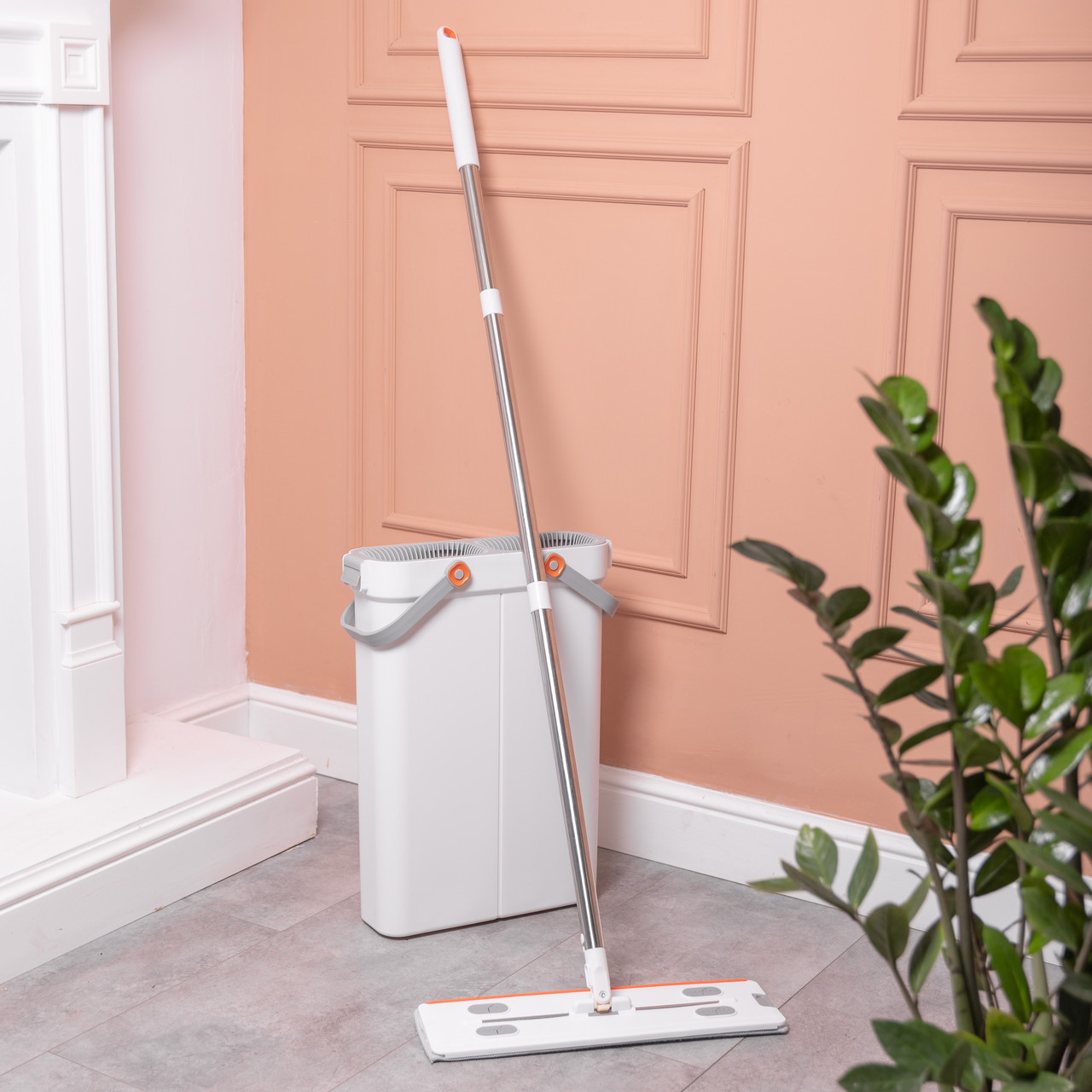 Швабра з відром для миття підлоги з віджимом, плоска насадка з мікрофібри, набір для прибирання дому HP-35015-18, фото 1