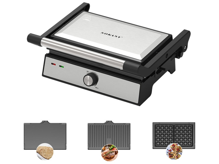 Електрогриль Sokany SK-08092 3в1 притискний електрогриль вафельниця електрична з антипригарним покриттям 1500 Вт Сріблястий, фото 1