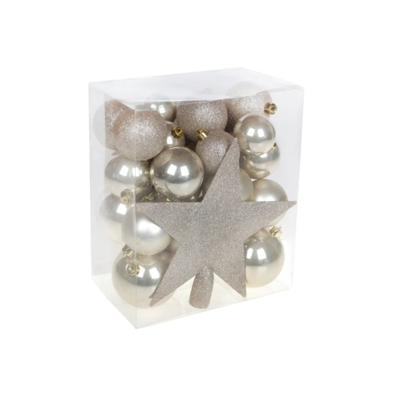 Набір ялинкових куль 29 шт. різних розмірів із верхівкою Зірка 20 см, колір Шампань, фото 1