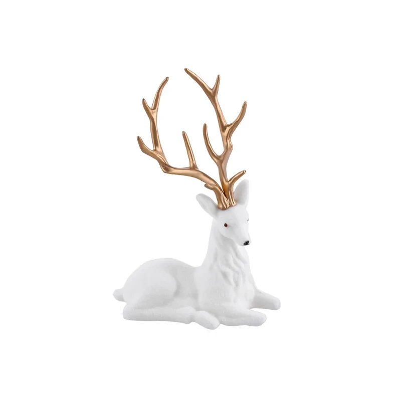 Декоративна новорічна фігура Олень 20 см сидячий із флоковим покриттям і глянсовими рогами Білий із золотим, фото 1