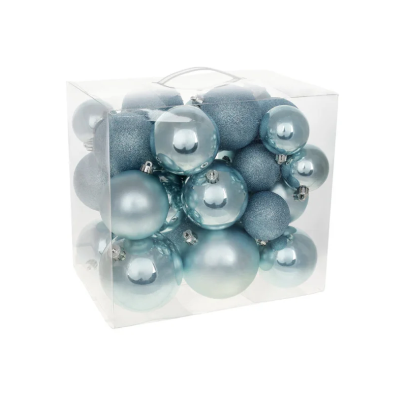 Набір ялинкових кульок «Морозний ранок» 26 шт 10 см 8 см і 6 см перламутр матові та з глітером, фото 1
