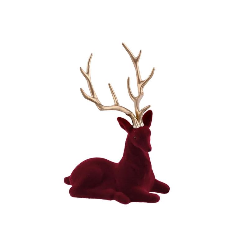 Декоративна новорічна фігура Олень 20 см сидячий із флоковим покриттям і глянсовими рогами Бордо із золотим, фото 1