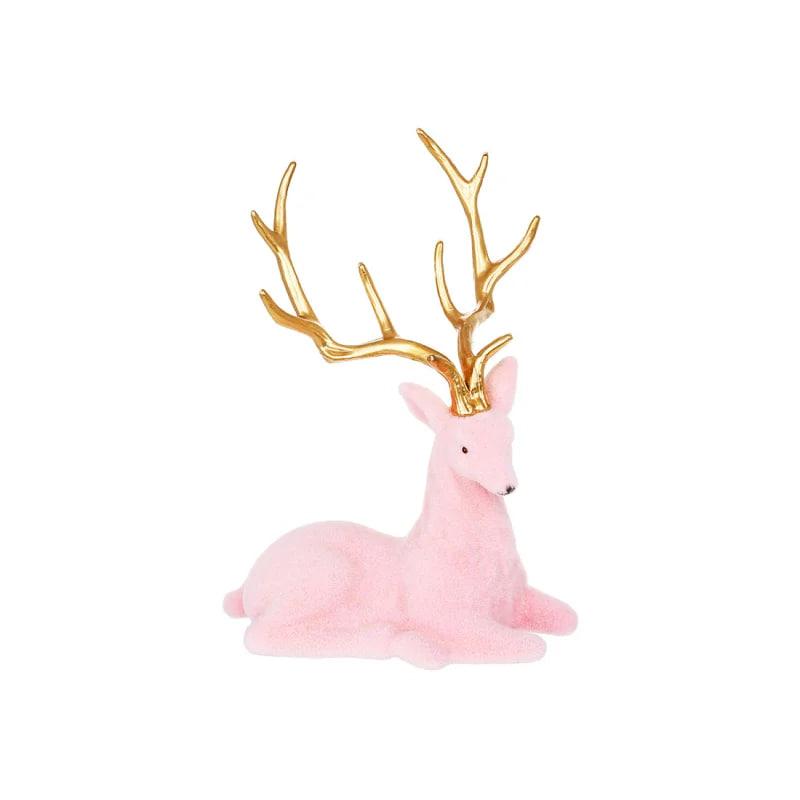 Декоративна новорічна фігура Олень 21.5 см сидячий із флоковим покриттям і глянсовими рогами Рожевий із золотим, фото 1