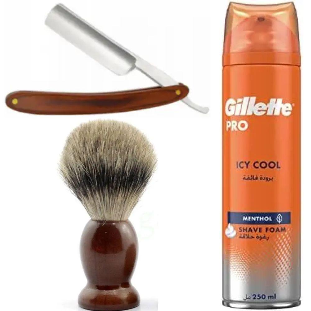 Небезпечна бритва/шавета розкладна Straight Razor + помазок SHIMA + піна для гоління Gillette Pro Icy Cool з ментолом, фото 1