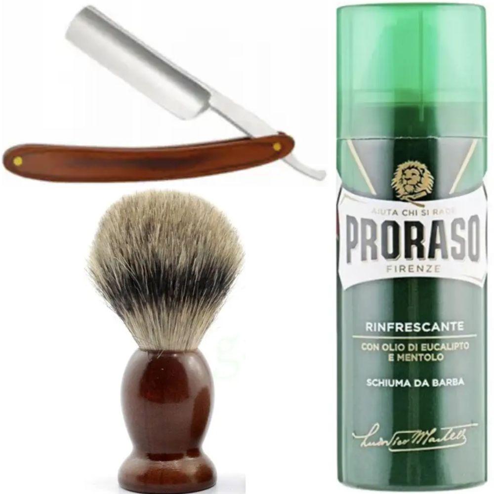 Небезпечна бритва/шавета розкладна Straight Razor + помазок SHIMA + піна для гоління Proraso тонізуюча евкаліпт і ментол, фото 1
