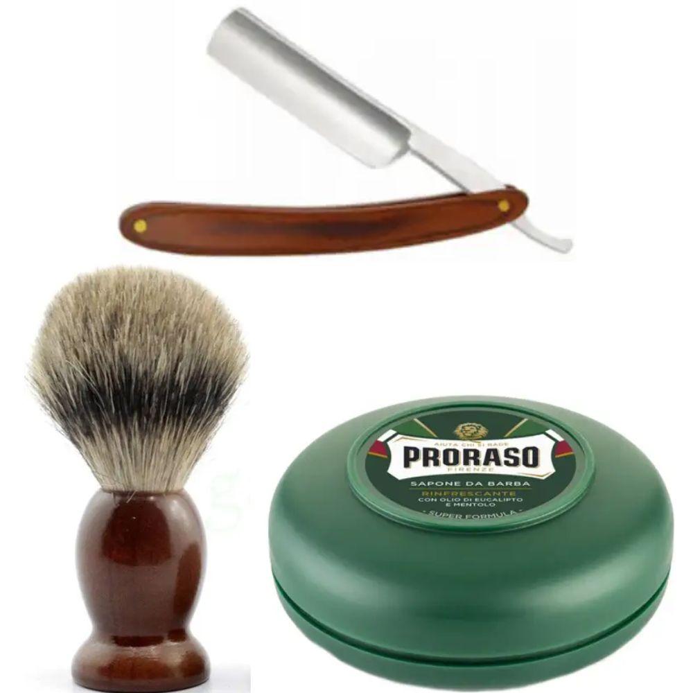 Небезпечна бритва/шавета розкладна Straight Razor + помазок SHIMA + мило для гоління Proraso Rinfrescante Green Eucalyptus, фото 1