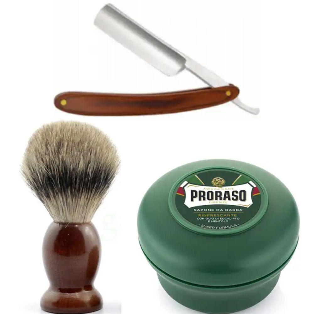 Небезпечна бритва/шавета розкладна Straight Razor + помазок SHIMA + мило для гоління Proraso Rinfrescante Green Eucalyptus, фото 1