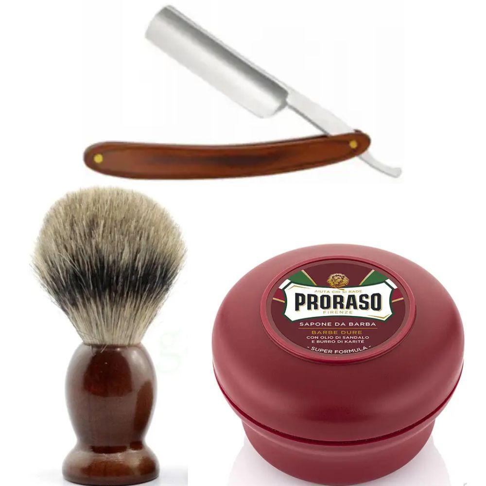 Небезпечна бритва/шавета розкладна Straight Razor + помазок SHIMA + мило для гоління Proraso для жорсткої щетини з маслом, фото 1