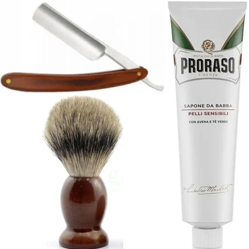 Небезпечна бритва/шавета розкладна Straight Razor + SHIMA + крем для гоління Proraso для чутливої шкіри з зеленим чаєм, фото 1