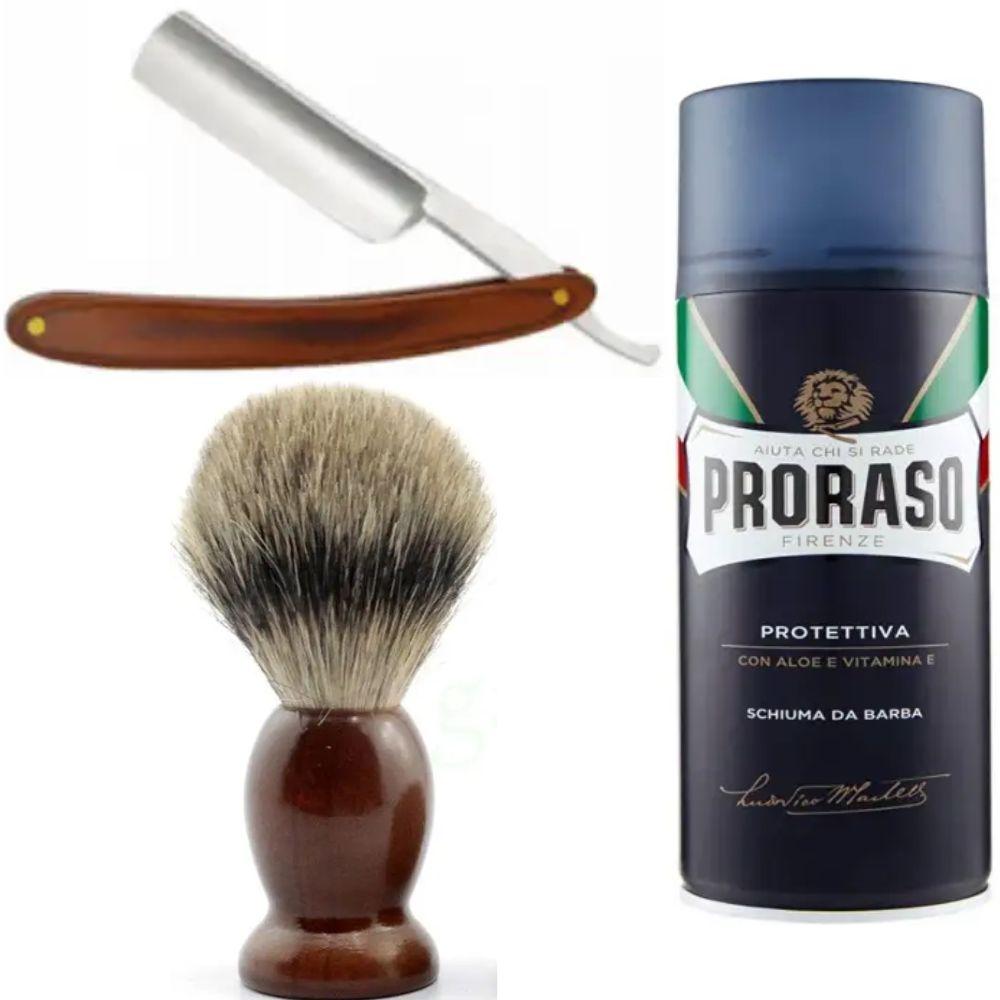 Небезпечна бритва/шавета розкладна StraightRazor + помазок SHIMA + піна для гоління Proraso з екстрактом алое та вітаміном Е, фото 1