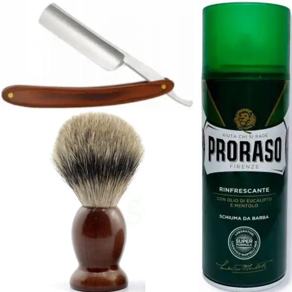 Небезпечна бритва/шавета розкладна Straight Razor + помазок SHIMA + піна для гоління Proraso тонізуюча евкаліпт і ментол, фото 1