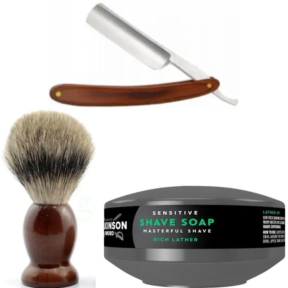 Небезпечна бритва/шавета розкладна Straight Razor + помазок SHIMA + мило для гоління Wilkinson Sword для чутливої шкіри 125г, фото 1