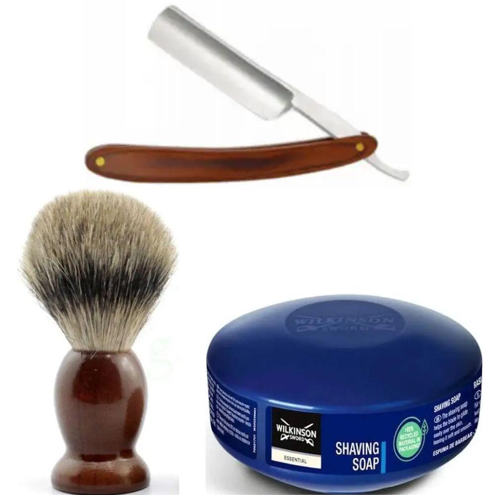 Небезпечна бритва/шавета розкладна Straight Razor + помазок SHIMA + мило для гоління Wilkinson Essential 125г, фото 1