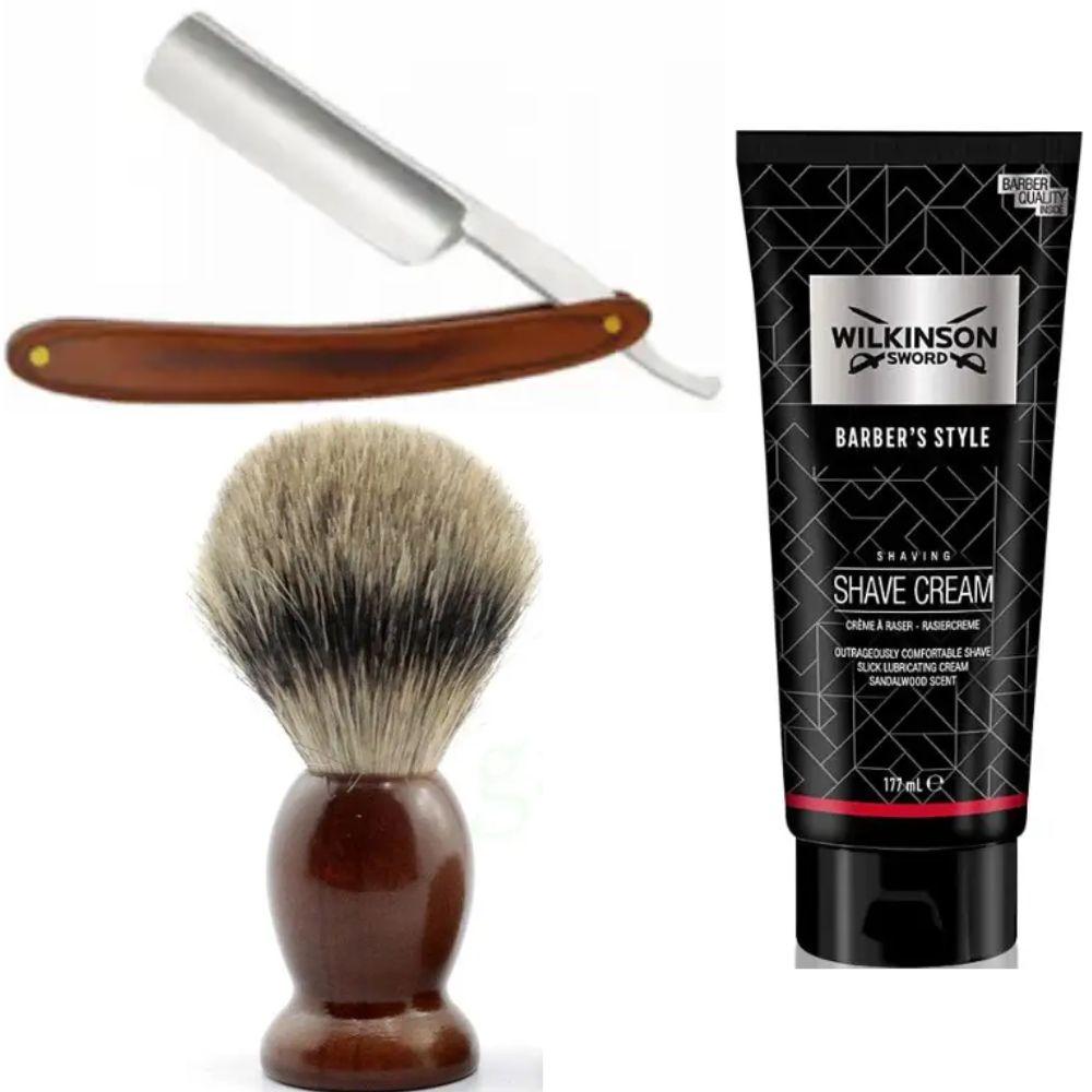 Небезпечна бритва/шавета розкладна Straight Razor + помазок SHIMA синій + крем для гоління Wilkinson Sword Barber's Style Shave, фото 1