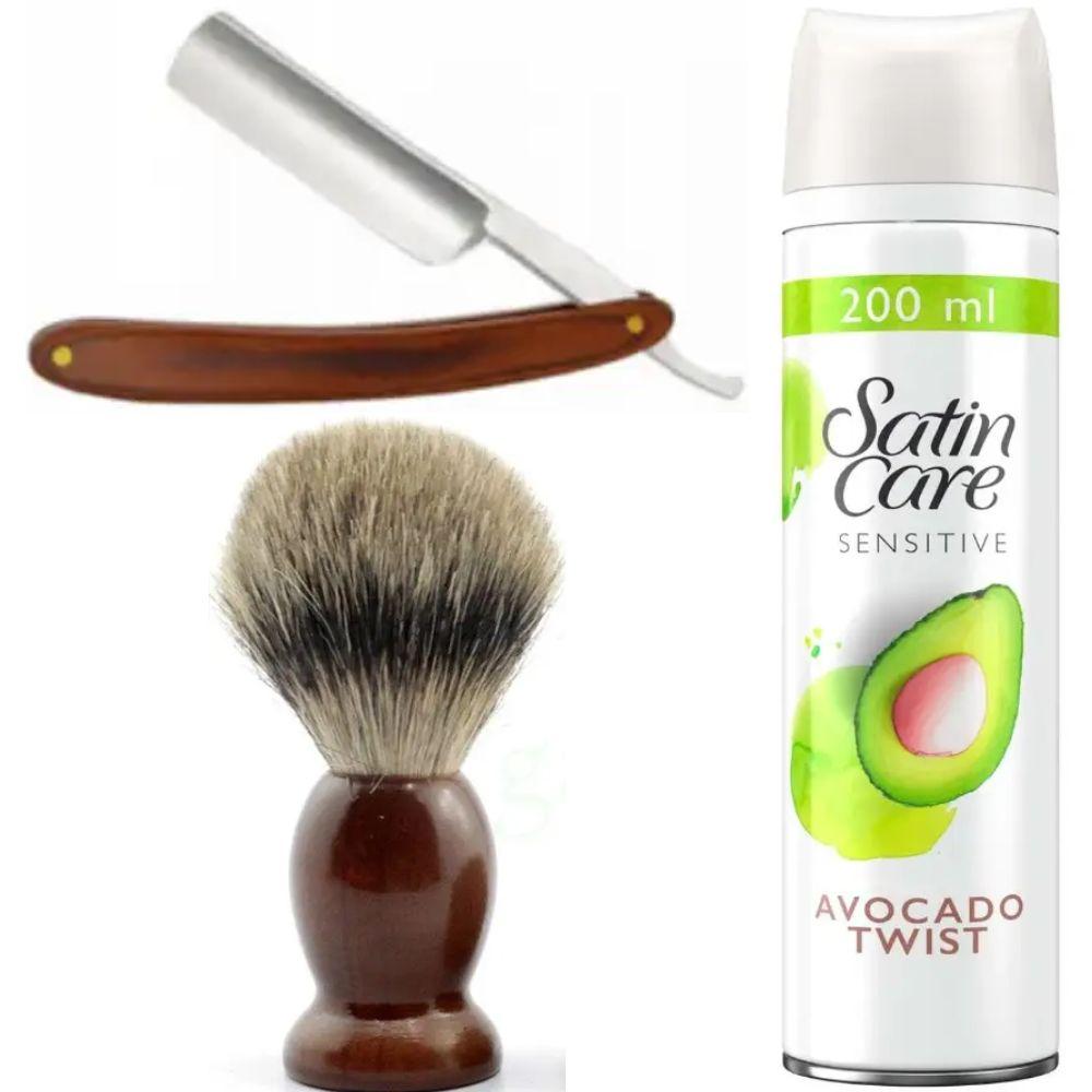 Небезпечна бритва/шавета розкладна Straight Razor + помазок SHIMA + гель для гоління Gillette Satin Care Gel Avocado 200 мл, фото 1