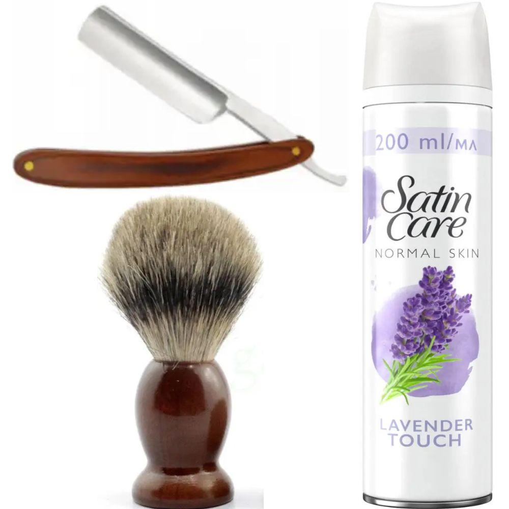 Небезпечна бритва/шавета розкладна Straight Razor + помазок SHIMA + гель для гоління Gillette Satin Care Gel Lavender 200 мл, фото 1