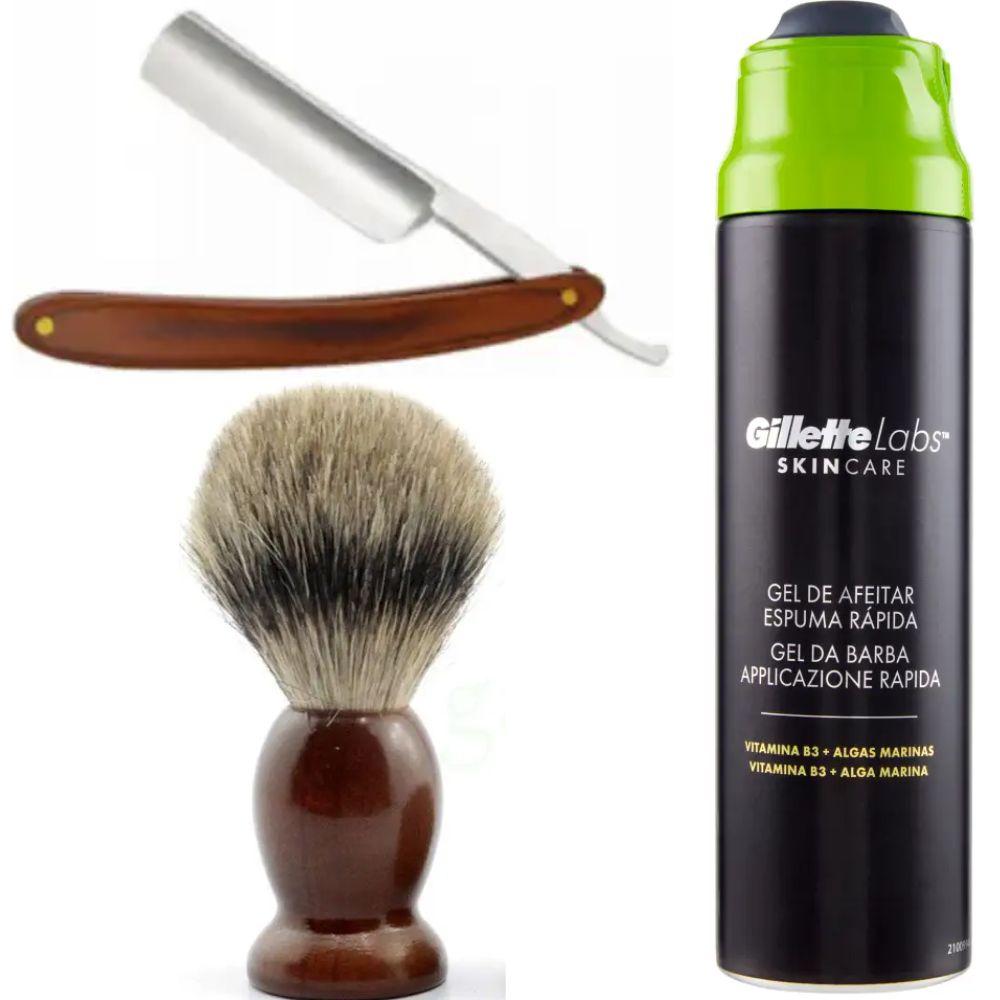 Небезпечна бритва/шавета розкладна Straight Razor + помазок SHIMA + гель для гоління Gillette Labs Gel 198 мл, фото 1