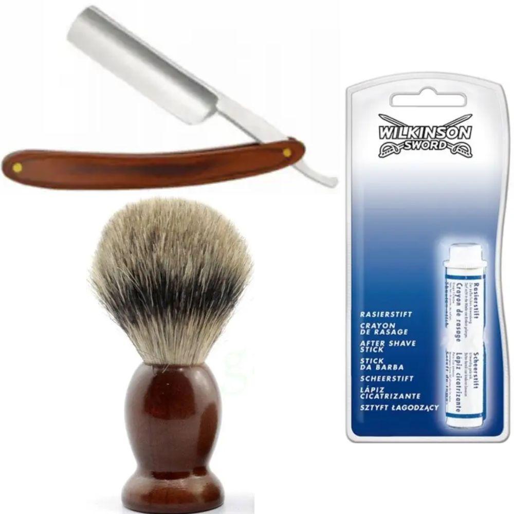 Небезпечна бритва/шавета розкладна Straight Razor + помазок SHIMA + кровоспинний олівець Wilkinson Sword After Shave Stick, фото 1