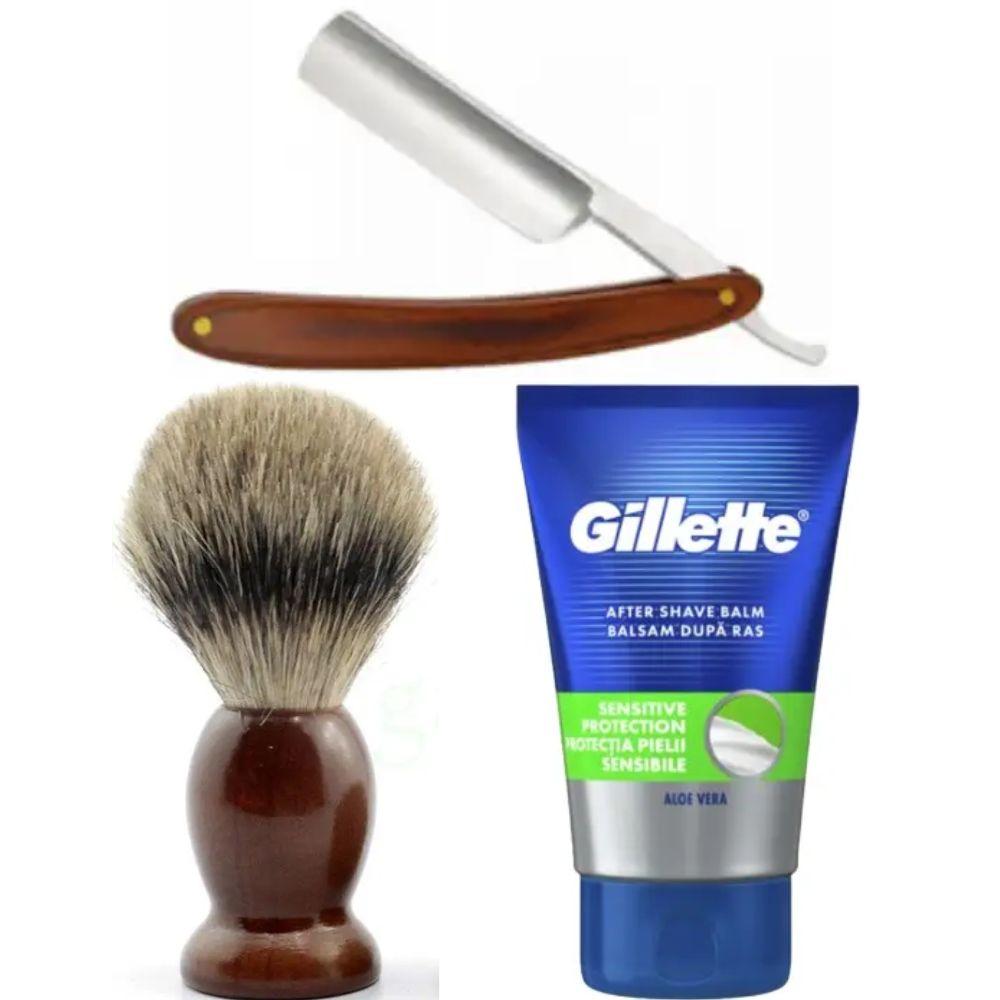 Небезпечна бритва/шавета розкладна Straight Razor + помазок SHIMA + бальзам після гоління Gillette Sensitive Protection, фото 1
