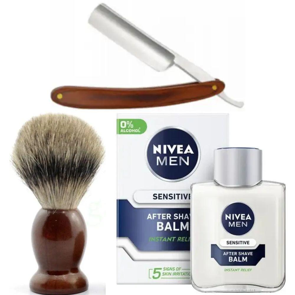 Небезпечна бритва/шавета розкладна Straight Razor + помазок SHIMA + бальзам після гоління Nivea Men Sensitivе 100 мл, фото 1
