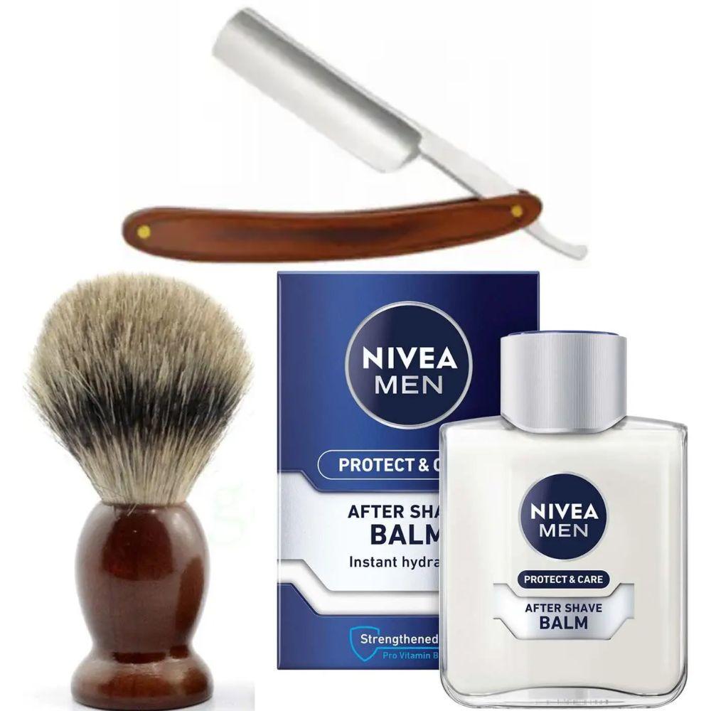 Небезпечна бритва/шавета розкладна Straight Razor + помазок SHIMA + бальзам після гоління Nivea Men Protect & Care 100 мл, фото 1