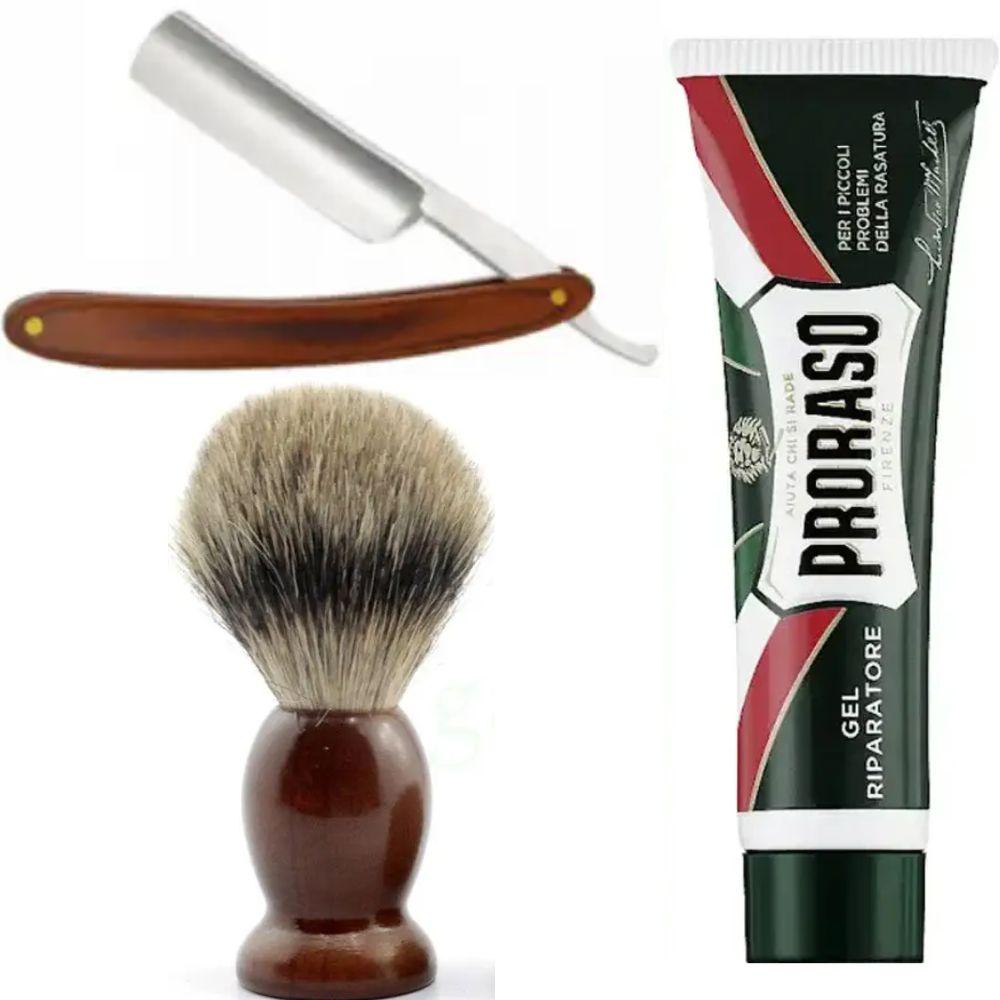 Небезпечна бритва/шавета розкладна Straight Razor + помазок SHIMA + гель від порізів Proraso Razor Cut Repair Gel, фото 1