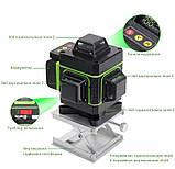Лазерний рівень нівелір Hilda 4D 16 ліній зелений промінь 2 акумулятора та штатив 1.4 метри, фото 3