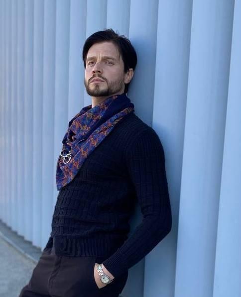 Чоловічий 2-сторонній трикотажний шарф, темно-синій, гусина лапка "Единбург", на кільцях, від My scarf снуд, бактус, фото 1