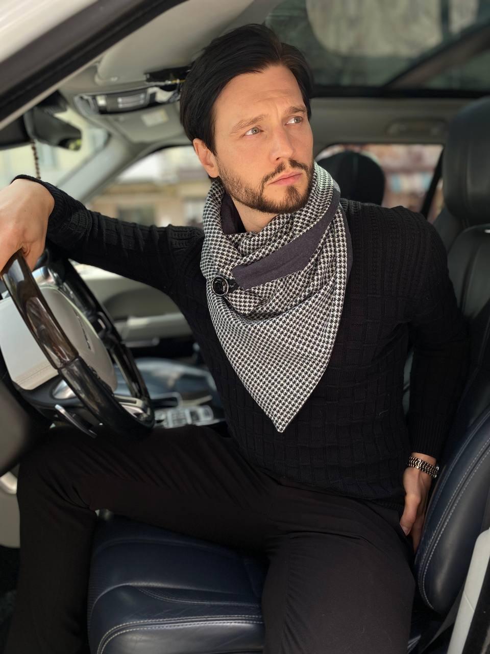 Чоловічий 2-сторонній вовняний шарф, темно-синій, гусина лапка "Единбург", на ґудзику, від My scarf снуд, бактус, фото 1