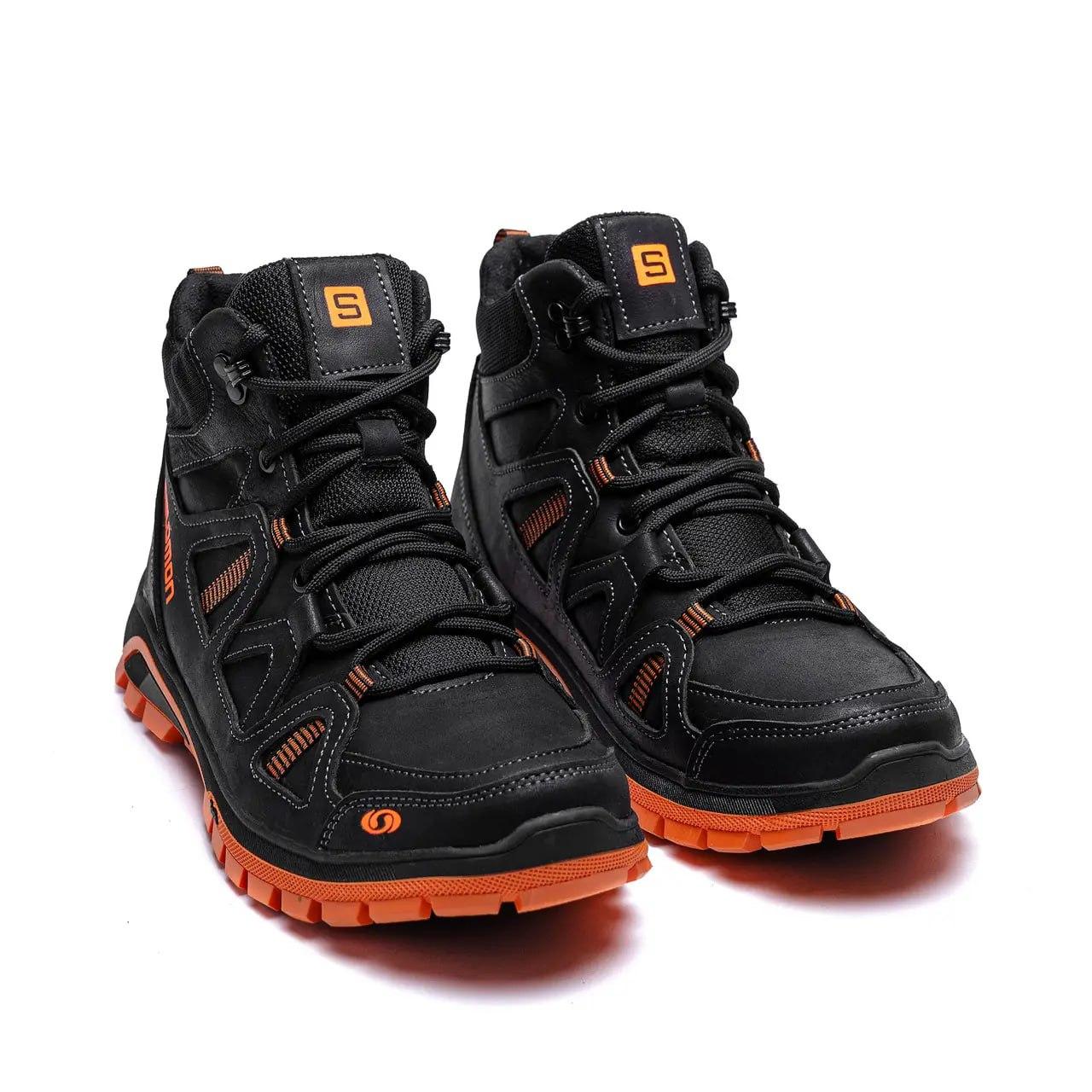 Чоловічі зимові шкіряні черевики Solomon Black чорні з оранжевим, фото 1
