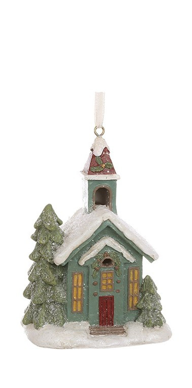 Ялинкова іграшка Будиночок зелений з дзвіницею та LED підсвічуванням 9.5см, фото 1