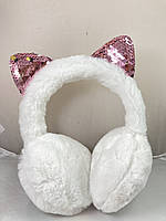Хутряні білі теплі навушники з вушками в паєтки