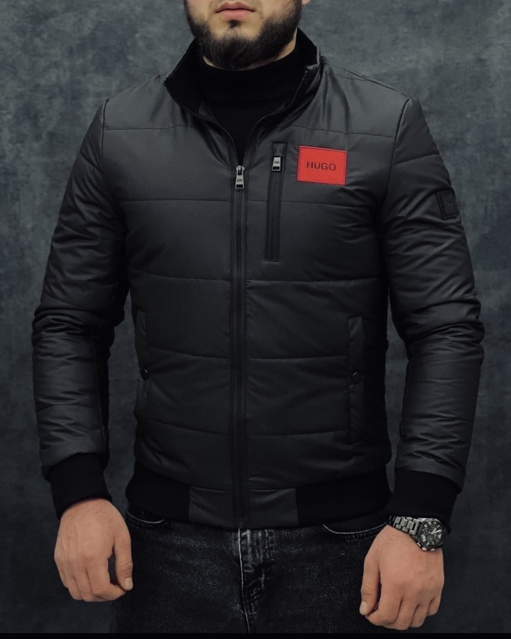 Чоловіча куртка Hugo Boss чорна демісезонна брендова куртка Бос-пластка