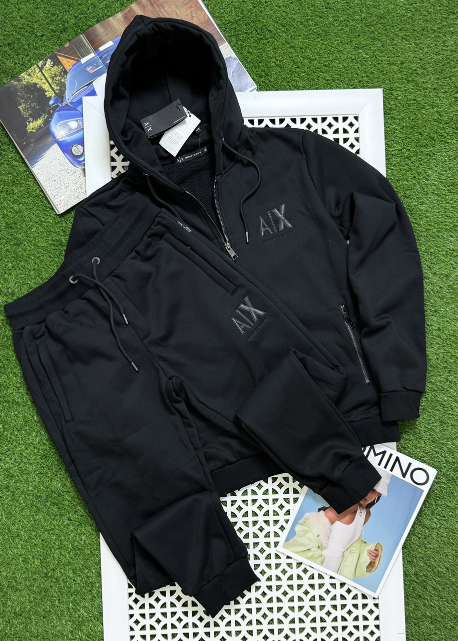 Спортивний костюм Armani чорний утеплений чоловічий спорт костюм Армані, зимовий брендовий костюм із капюшоном люкс якість