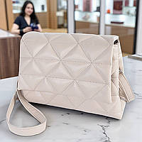 Маленька жіноча сумка крос боді через плече бежева стьобана сумочка на два відділення