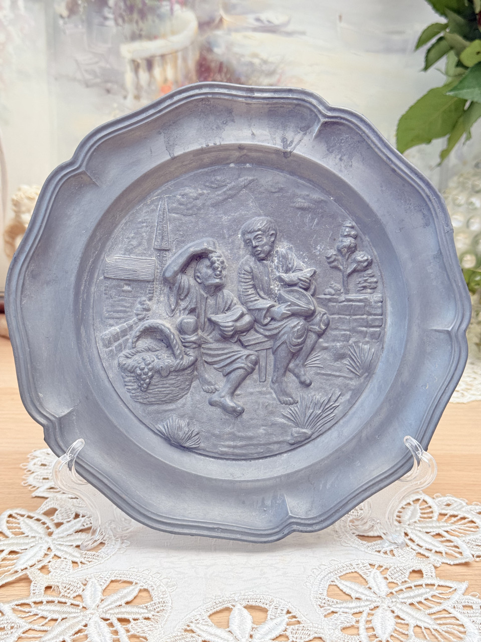 Стара німецька настінна олов'яна тарілка, олово, Німеччина, сільські мотиви